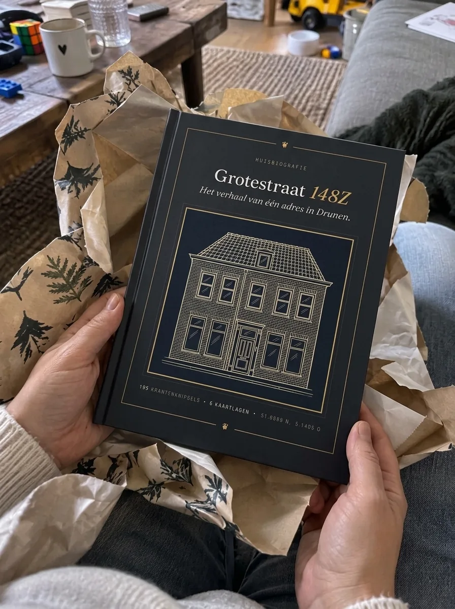 Twee handen pakken het gebonden boek uit het cadeaupapier, op schoot op de bank; op de donkerblauwe kaft staat een getekende gevel van een huis