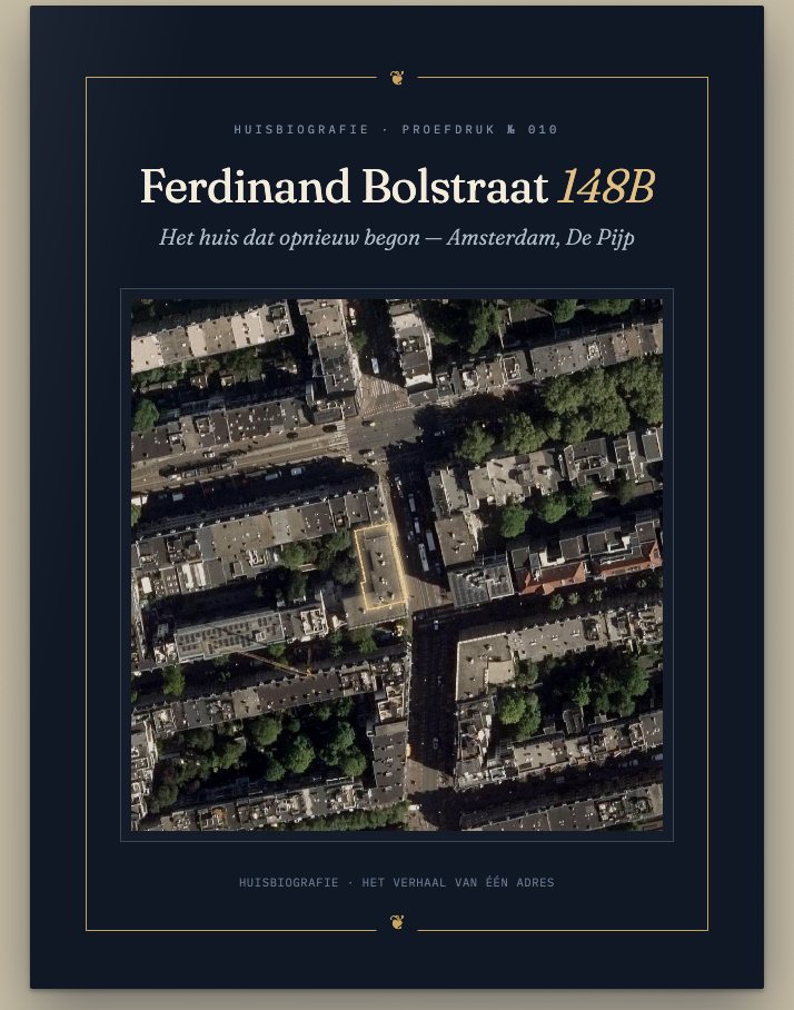 De hardcover van het voorbeeldboek: Ferdinand Bolstraat 148B, met een luchtfoto waarop het huis goud is omlijnd