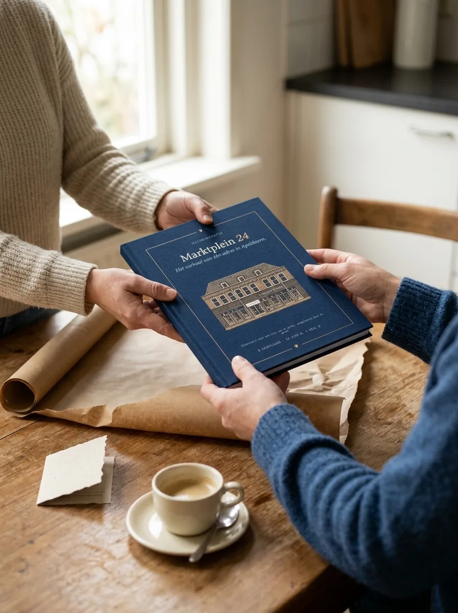 Aan een houten keukentafel geven twee handen het gebonden boek over aan twee andere handen, met bruin pakpapier, een kop koffie en een kaartje ernaast