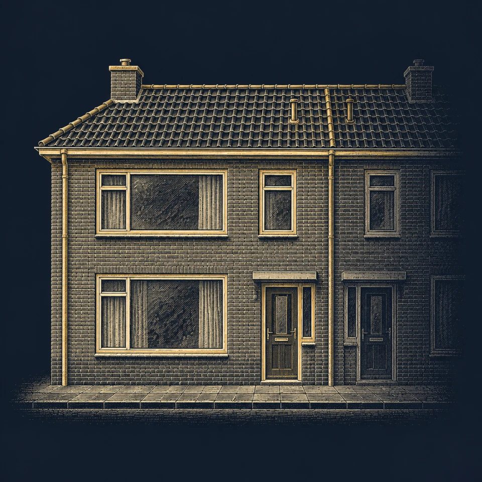 Goudkleurige gevelillustratie van één woning in een jaren-tachtig twee-onder-een-kapwoning
