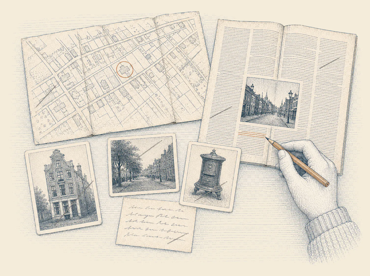 Tekening: een hand met een potlood bij een opengeslagen boek, met ernaast een oude kaart, drie foto's en een handgeschreven briefje