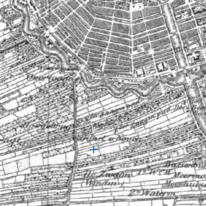 Kaartuitsnede van 1850 met een blauw kruis op de plek van het huis: nog polder