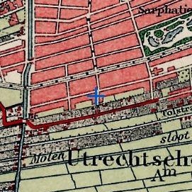 Kaartuitsnede van 1925 met het kruis: de buurt is volgebouwd