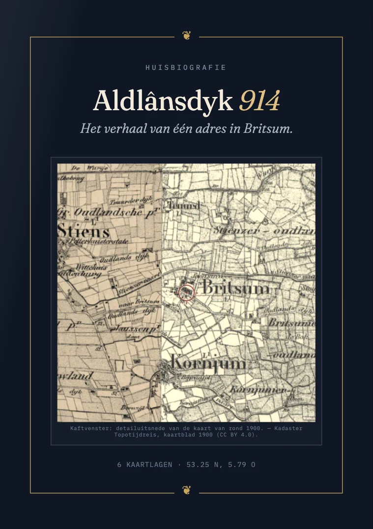 De kaft van het boek over een huis aan de Aldlânsdyk in Britsum, met de kaart van rond 1900