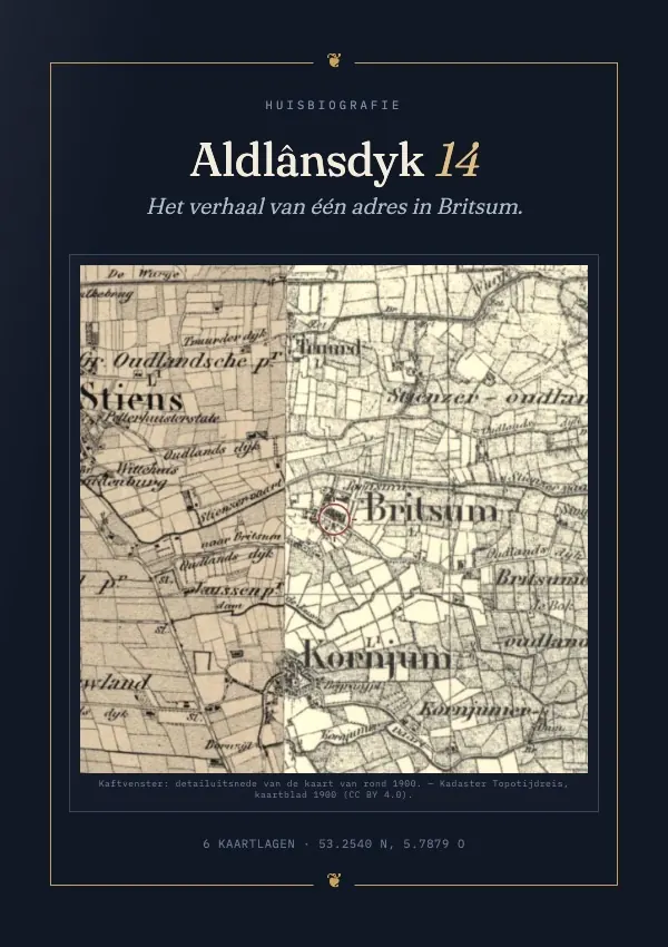 De kaft van het boek over Aldlânsdyk 14 in Britsum, met de kaart van rond 1900