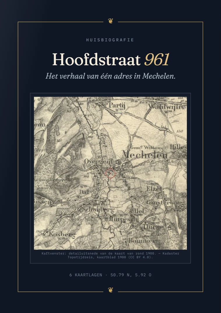 De kaft van het boek over een huis aan de Hoofdstraat in Mechelen, met een oude kaart van het Geuldal