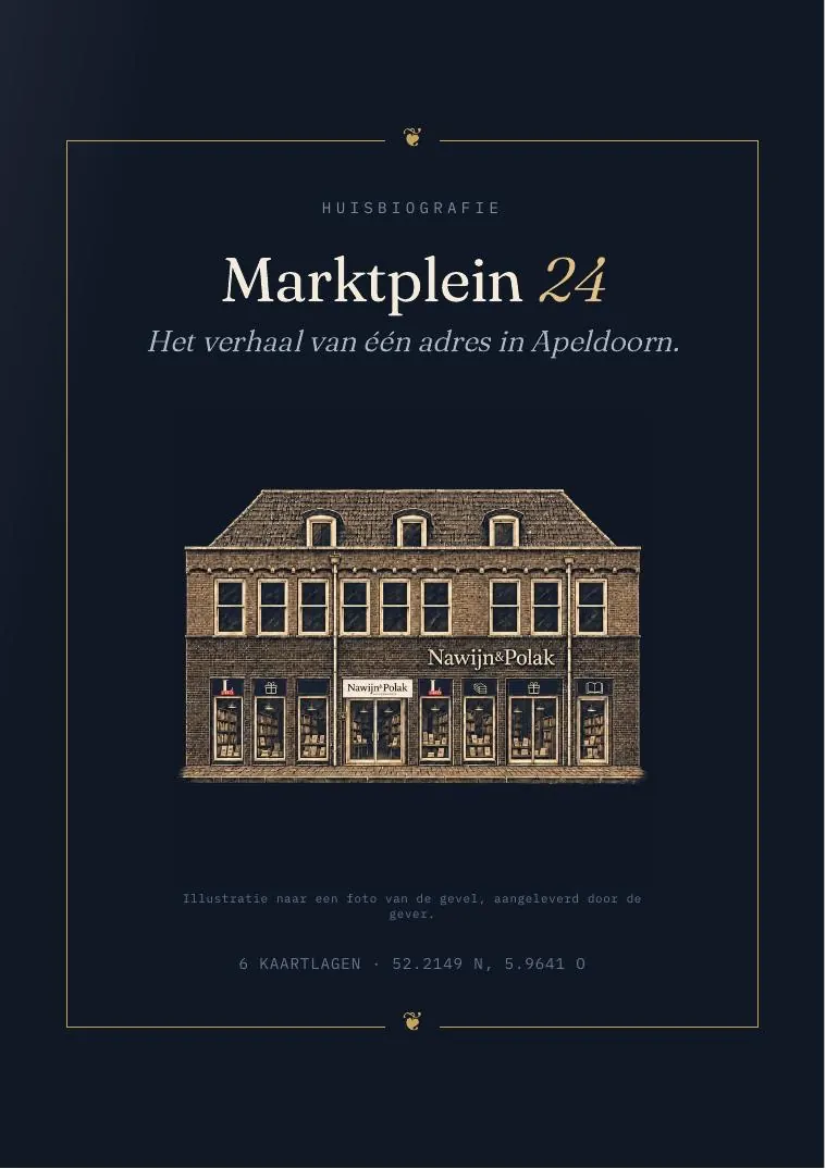 De donkerblauwe kaft met gouden lijst van het boek over Marktplein 24 in Apeldoorn, met een tekening van de gevel