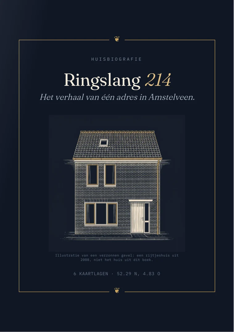 De kaft van het boek over een huis aan de Ringslang in Amstelveen, met een getekende, verzonnen gevel van een rijtjeshuis