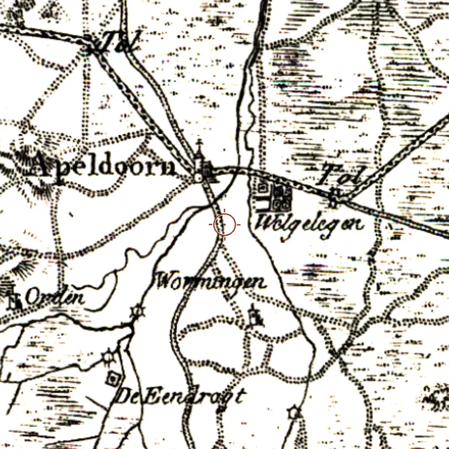 Kaart van 1815: Apeldoorn is een dorp langs de weg; de plek van het huis ligt tussen de dorpskern en de buurtschap Welgelegen