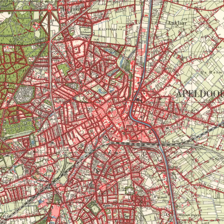 Kaart van 1965: het centrum is als winkelgebied rood ingekleurd