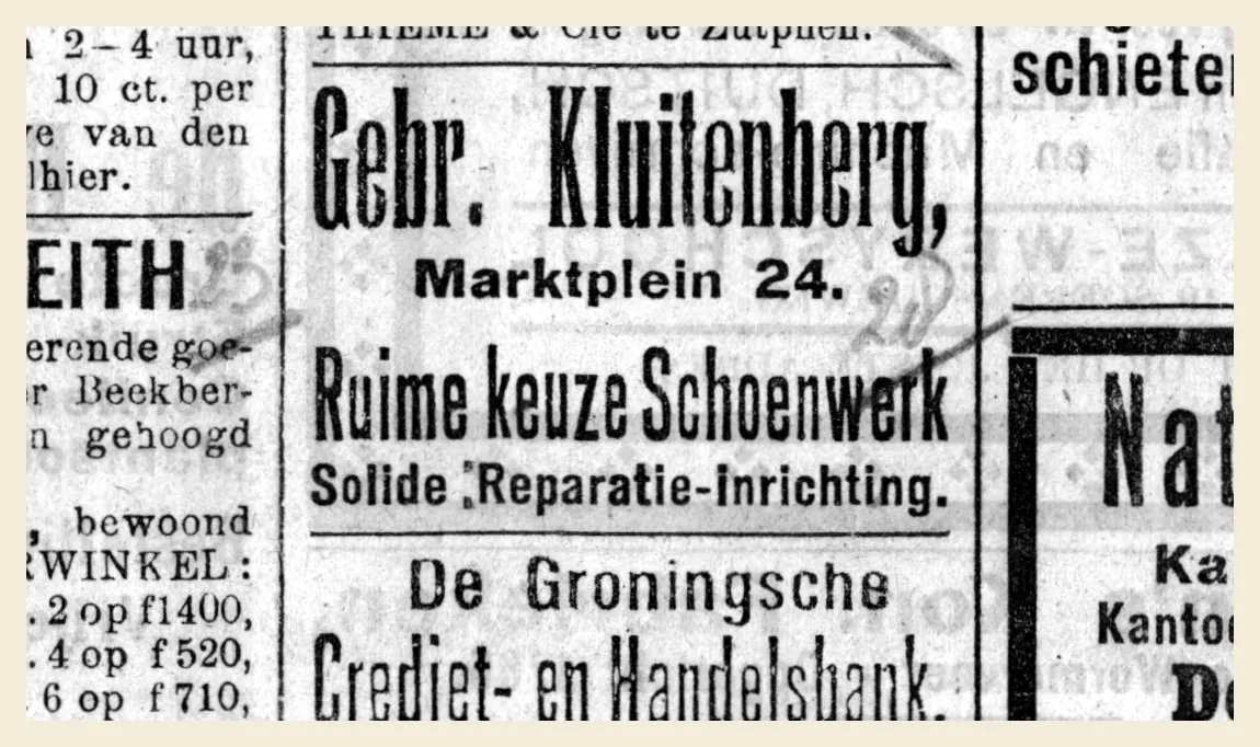 Krantenadvertentie: Gebr. Kluitenberg, Marktplein 24, Ruime keuze Schoenwerk, Solide Reparatie-inrichting