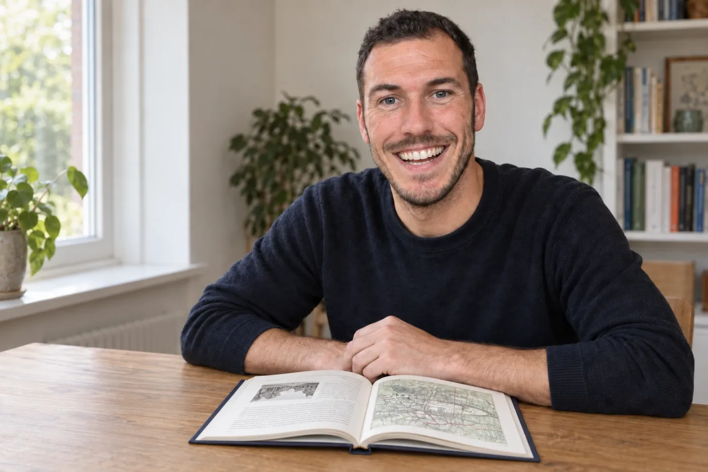 Tom Holewijn aan tafel, met een opengeslagen Huisbiografie voor zich