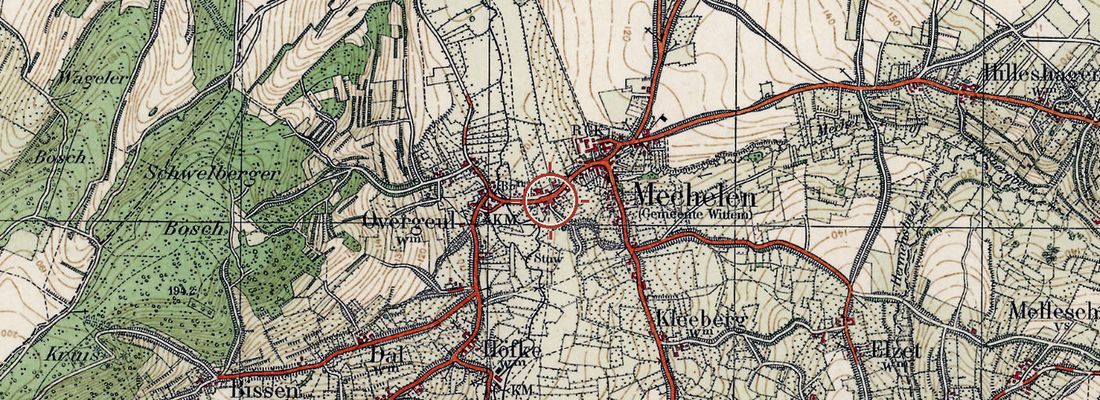 Historische kaart van dezelfde plek rond 1925