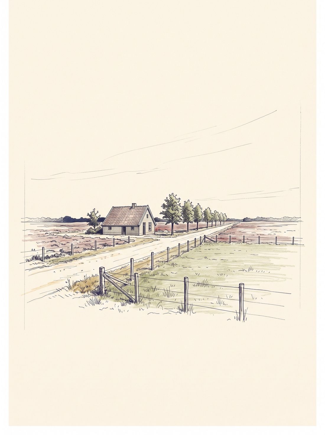 Een ontginningsboerderijtje aan een rechte zandweg, met heide en een eerste lap grasland. Een tekening, geen afbeelding van een van de vijf hoeven.