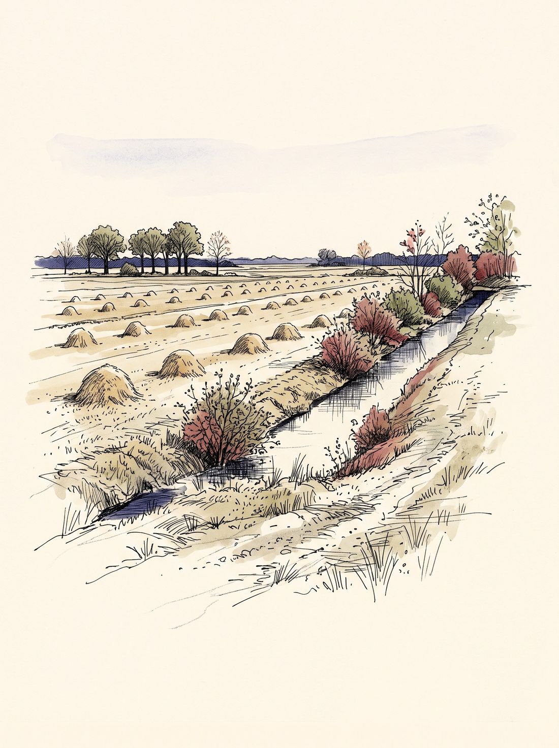 Hooiland met hooioppers en een sloot, zoals het lage land achter Wormen er in de negentiende eeuw bij lag. Een tekening, geen bestaande plek.
