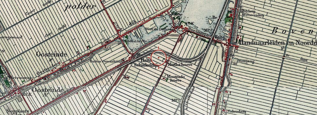 Historische kaart van dezelfde plek rond 1925