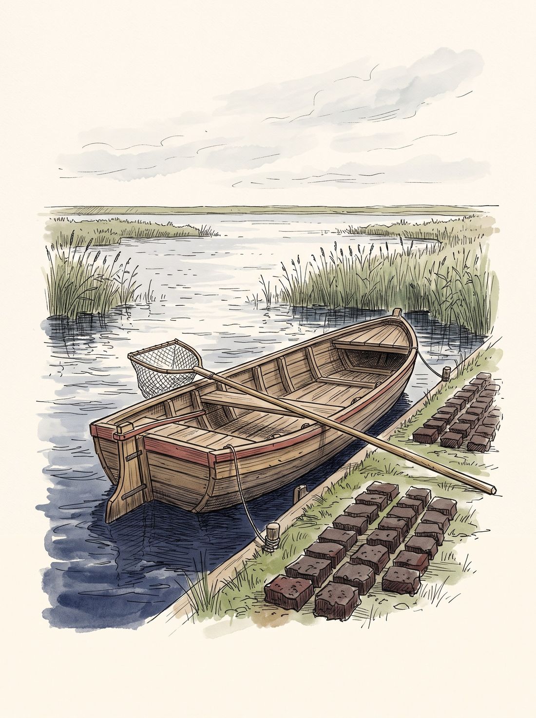 Turfwinnen op een veenplas: een baggerbok en een smalle legakker met drogend veen. Pentekening, decoratief.