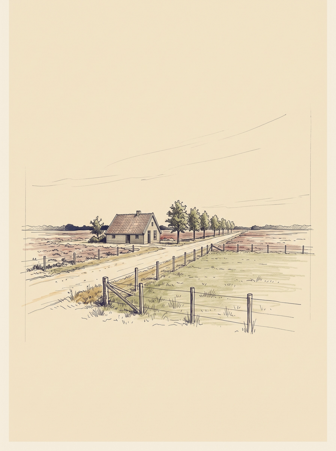 Een ontginningsboerderijtje aan een rechte zandweg, met heide en een eerste lap grasland. Een tekening, geen afbeelding van een van de vijf hoeven.