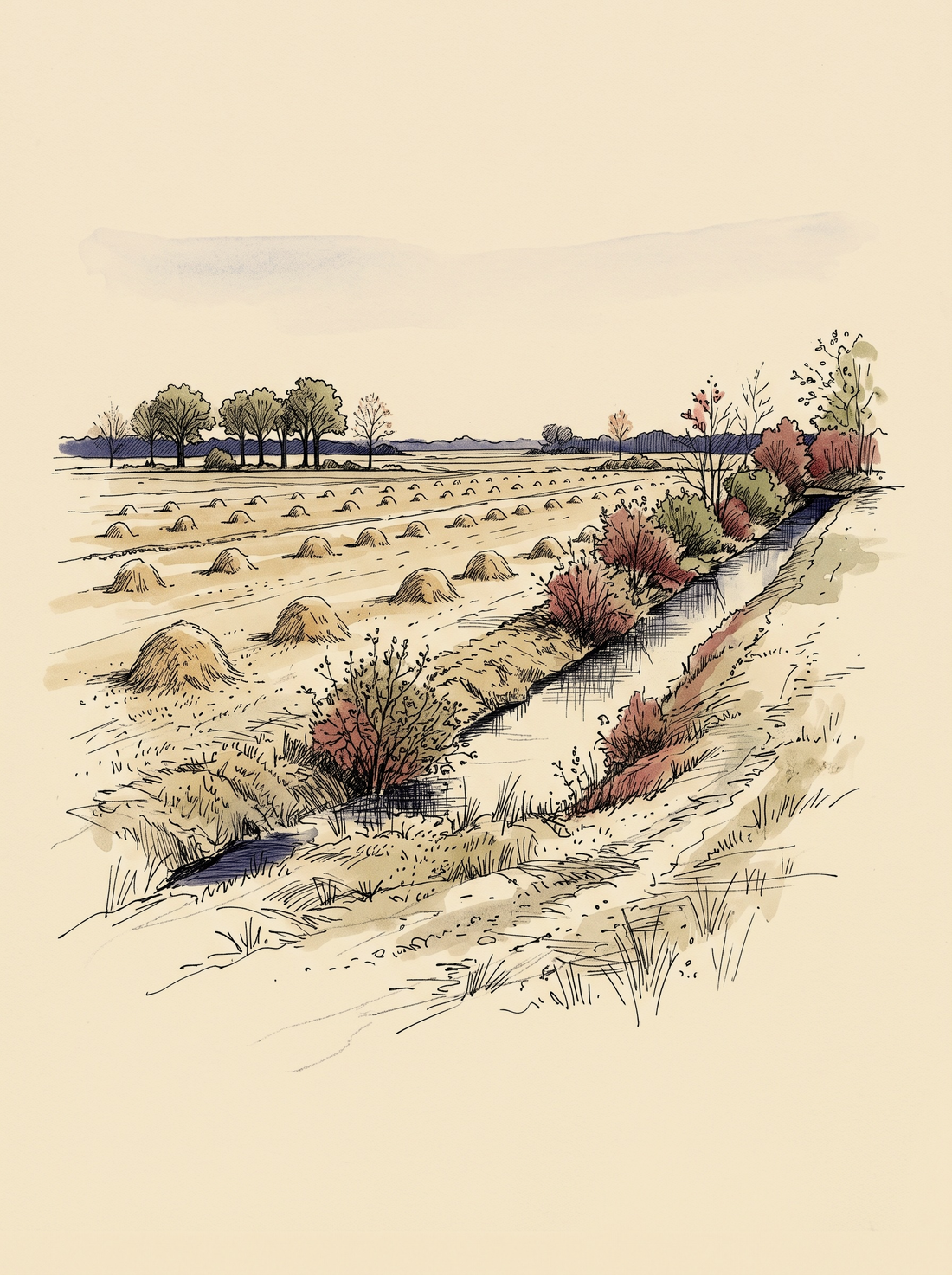 Hooiland met hooioppers en een sloot, zoals het lage land achter Wormen er in de negentiende eeuw bij lag. Een tekening, geen bestaande plek.
