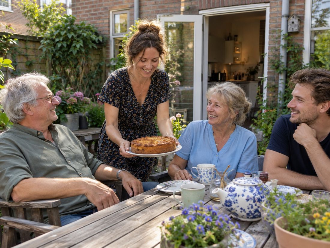 Hanneke en Rob met Noor en Thomas aan de buitentafel, zomer 2026, vijfendertig jaar na de eerste avond op verhuisdozen. Fictief voorbeeldbeeld, met AI gemaakt.