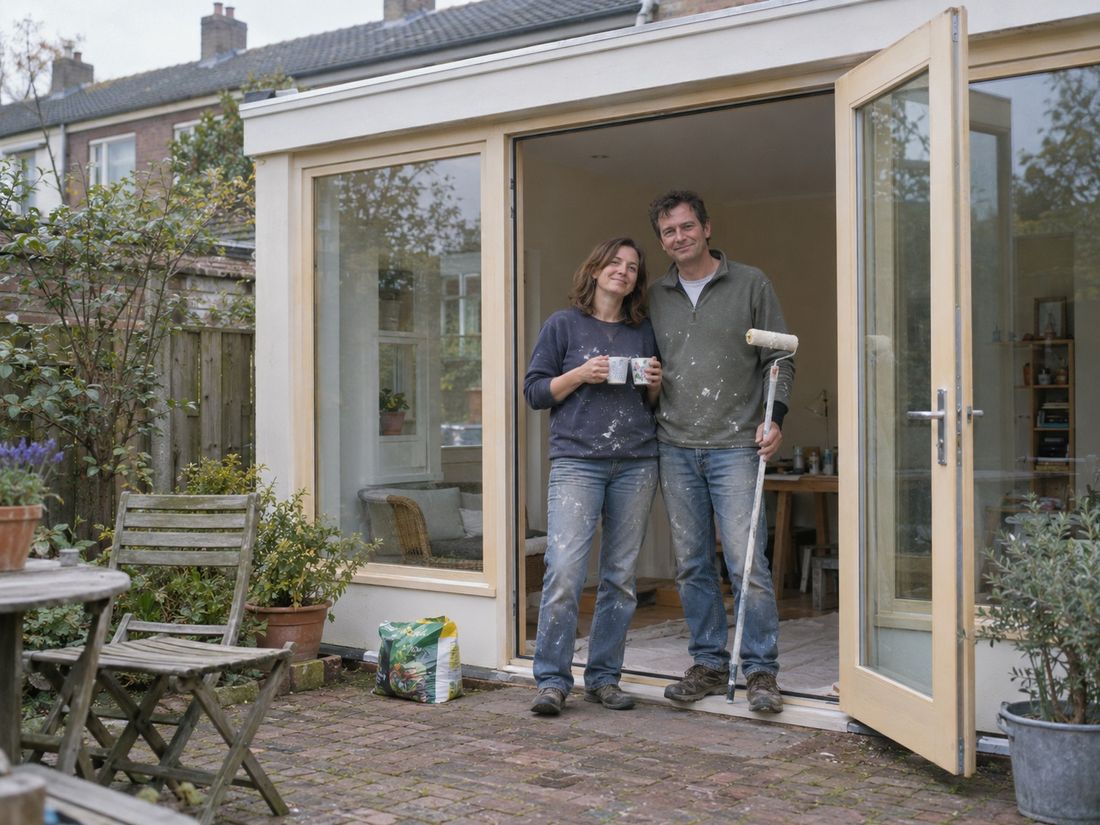 Hanneke en Rob in 2003 op de drempel van de pas afgebouwde tuinkamer, op de plek van de oude schuur. Fictief voorbeeldbeeld, met AI gemaakt.