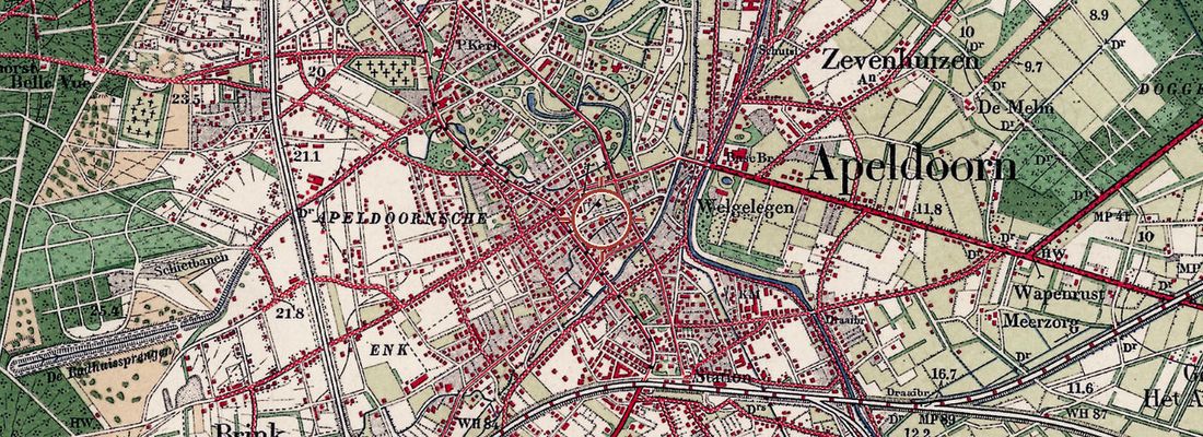 Historische kaart van dezelfde plek rond 1925