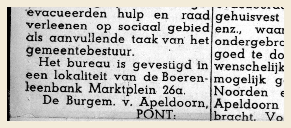 Bekendmaking van de burgemeester: het evacuatiebureau zit in een lokaal van de Boerenleenbank, Marktplein 26a. Mededeelingenblad, 28 september 1944.