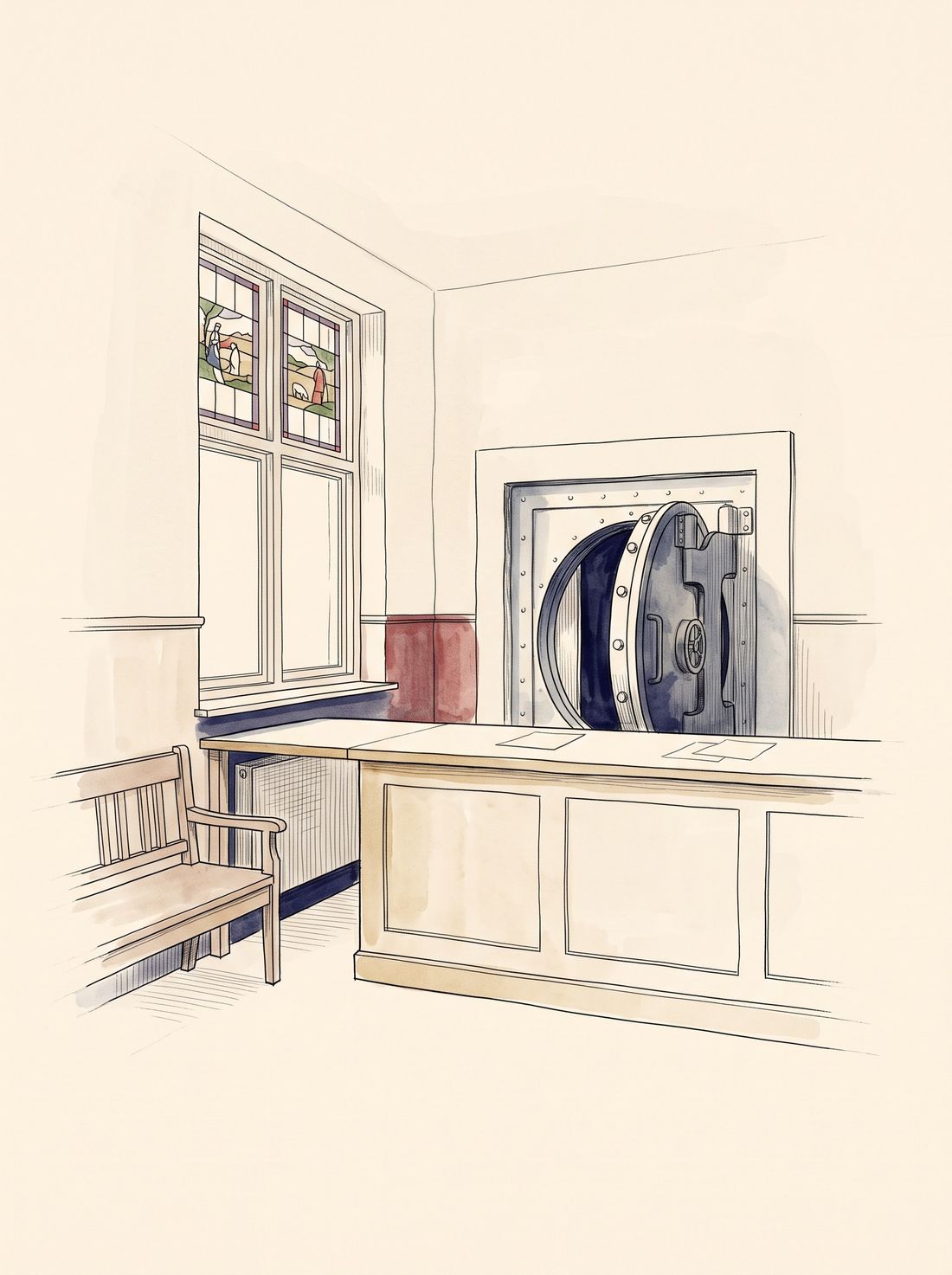 Tekening naar het krantenverslag van 1930: een bankkantoor zonder loketten, glas in lood met een landbouwtafereel en een zware kluisdeur. Illustratie, geen foto.
