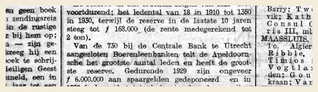 Het Algemeen Handelsblad van 31 januari 1930: de Apeldoornse Boerenleenbank is de grootste van de 730 aangesloten boerenleenbanken.
