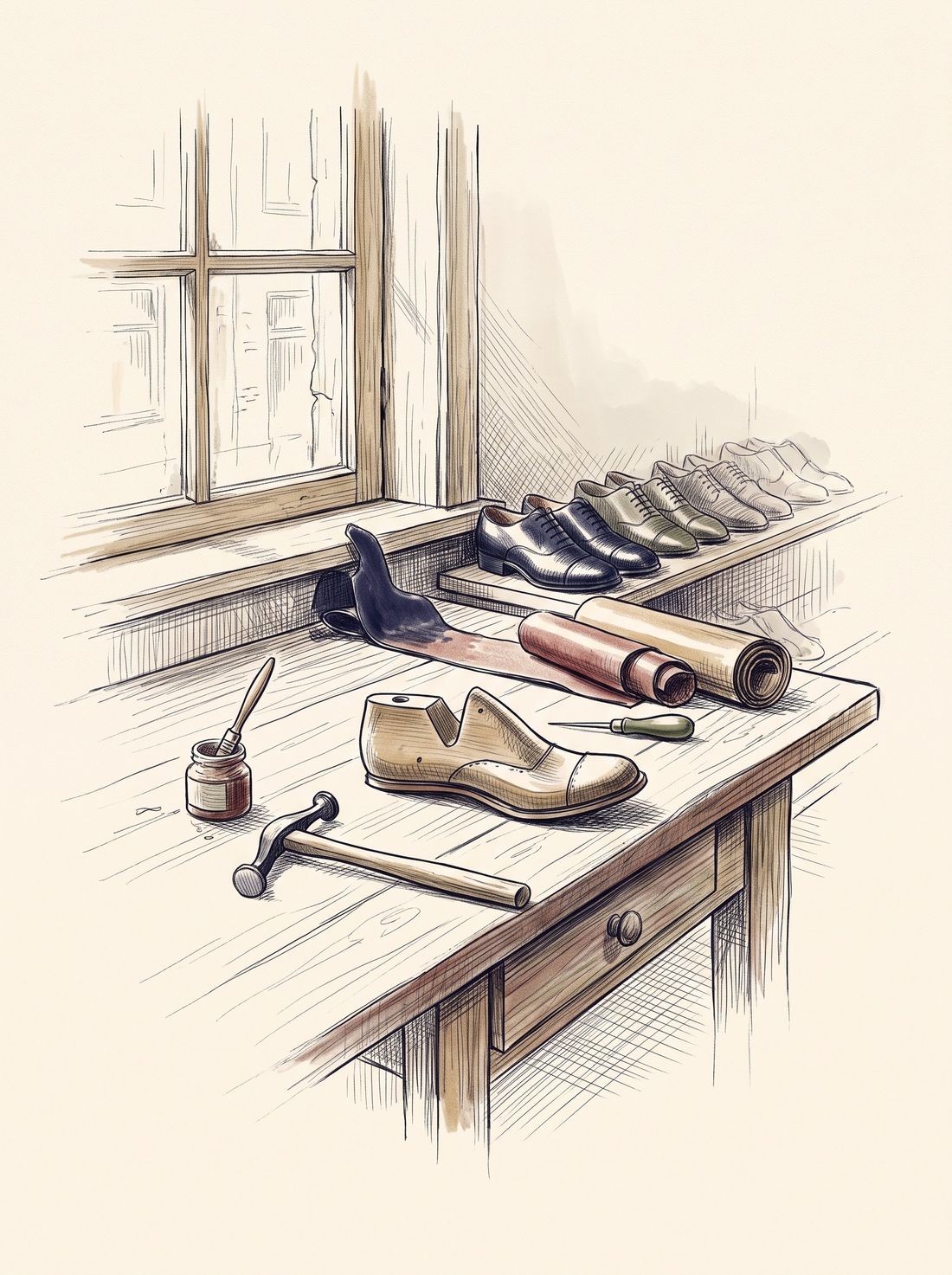 Tekening: een schoenmakerswerkbank met leest, hamer, els en zoolleer, zoals die achter een schoenwinkel met reparatie-inrichting stond. Illustratie, geen foto.