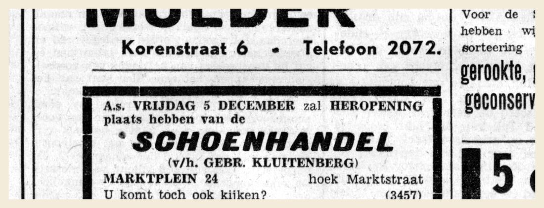 Heropening van de schoenwinkel op de hoek, Nieuwe Apeldoornsche Courant, 3 december 1941.