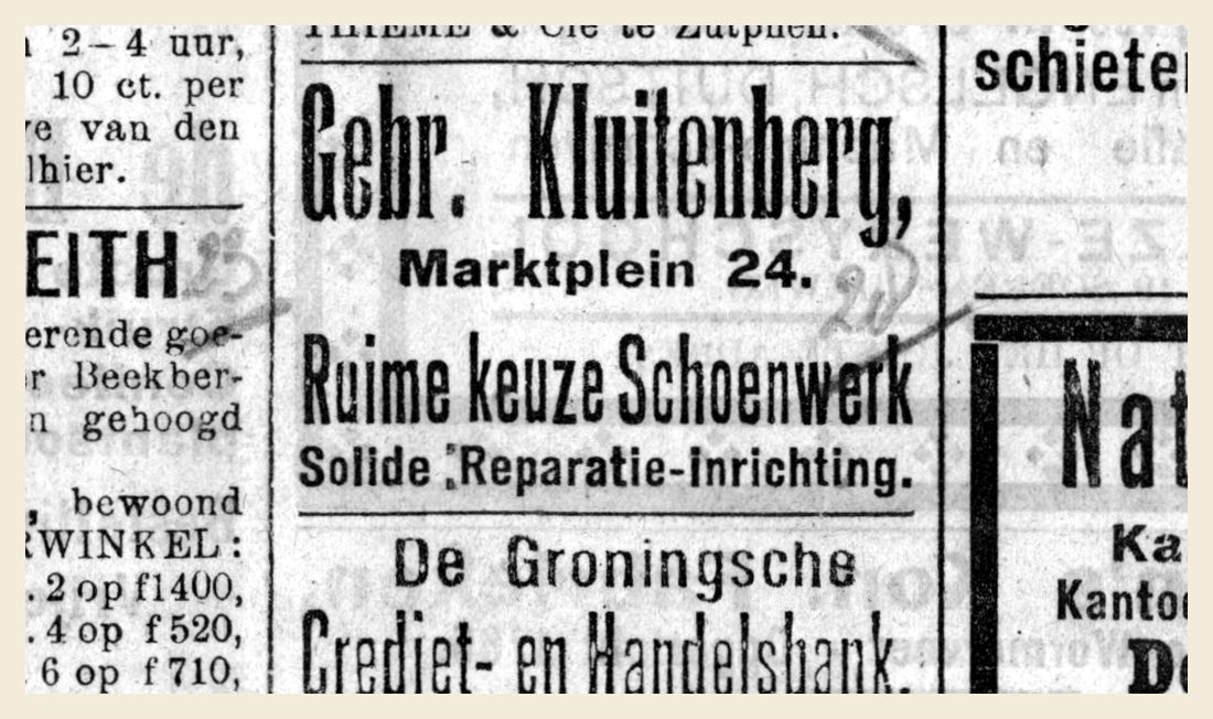 De advertentie van Gebr. Kluitenberg, Marktplein 24, in de Apeldoornsche Courant van 30 augustus 1919.
